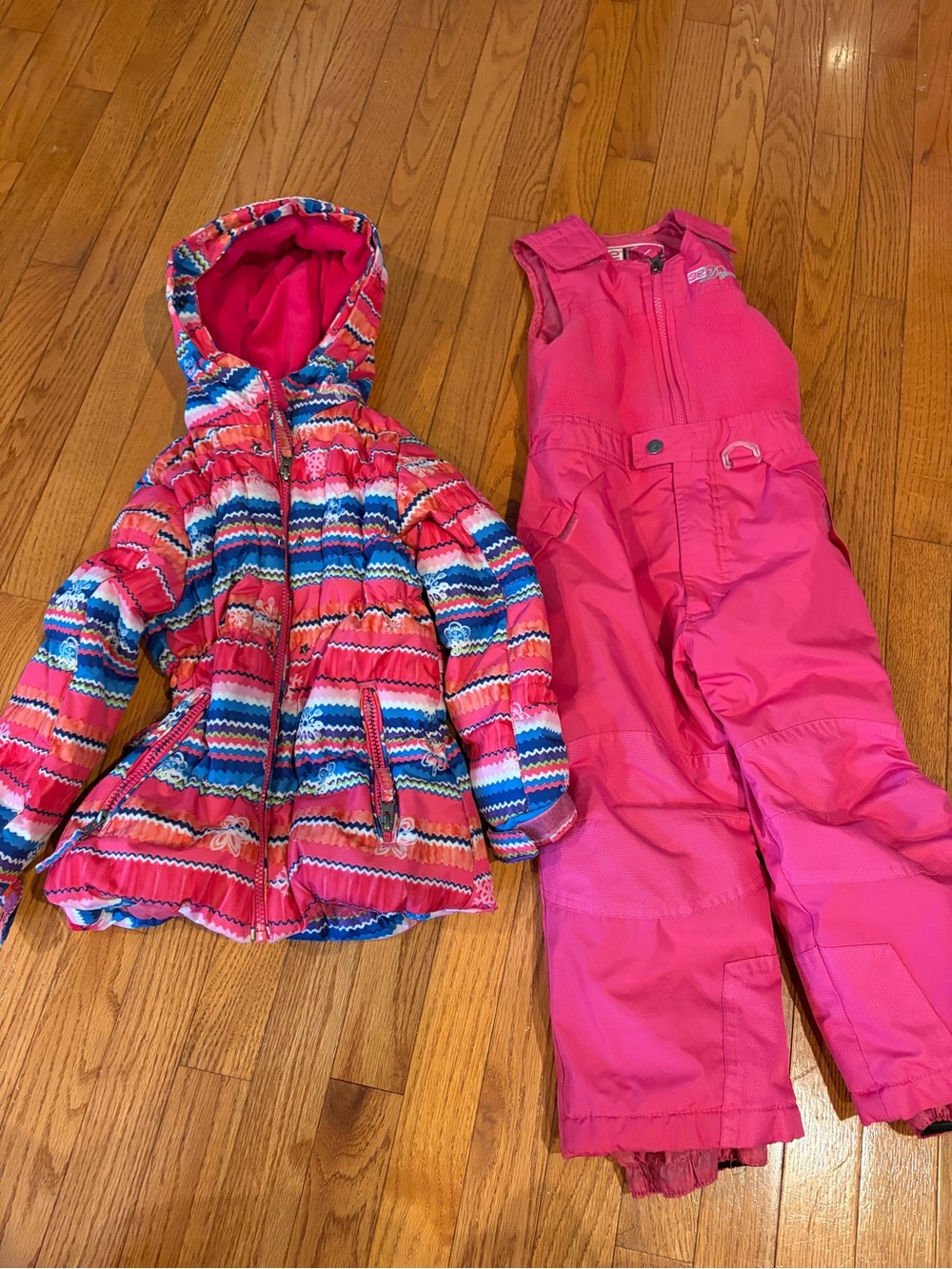 32 Degrees Girls Pink Striped Puffer Jacket with Hot Pink Snow Bibs